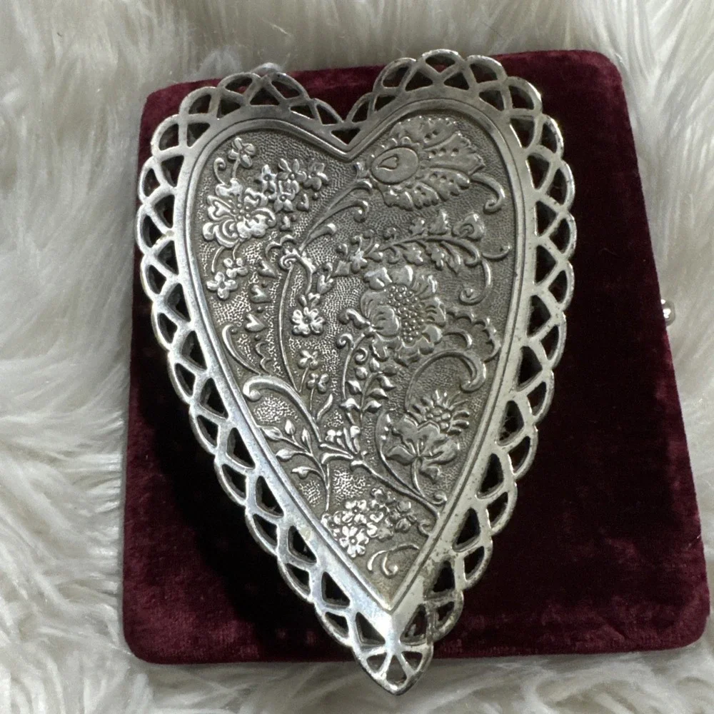 Brighton Vintage Silver Played Heart Shaped Trinket Jewelry Dish Large Floral